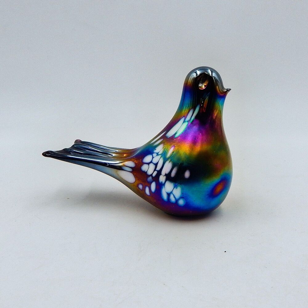 Hand Blown Iridescent Art Glass Dove Bird Paperweight Rainbow Figurine 4 Inch